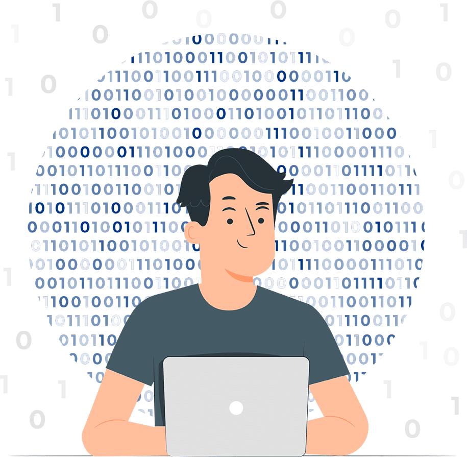 Udzielamy bezpłatnego wsparcia technicznego w ramach hostingu Magento, oraz odpłatnie obsługę programistyczną, np. przy modyfikacji sklepu, modułów itp. Mężczyzna siedzi przed laptopem na tle kodu binarnego oferując obsługę programistyczną dla hostingu