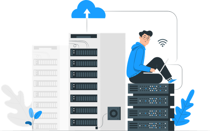 Mężczyzna siedzący na serwerze utrzymującym hosting Shopware