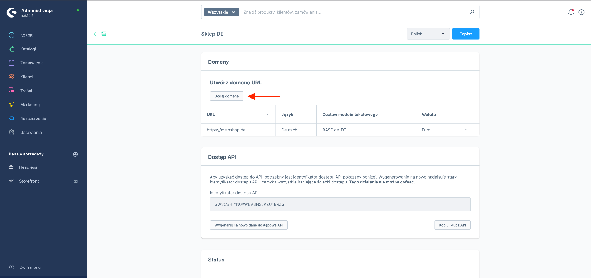 ustaw domenę dla kanału sprzedaży